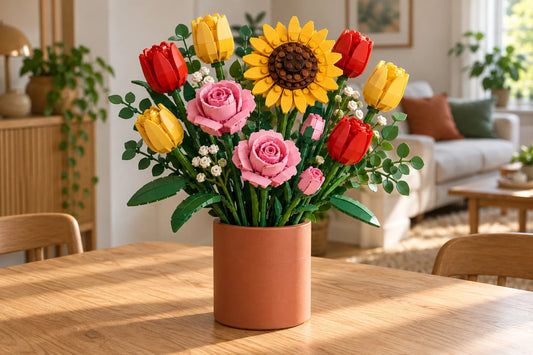 Boeket van LEGO® bloemen met rozen, tulpen en een zonnebloem in een matte terracotta vaas op een eikenhouten tafel