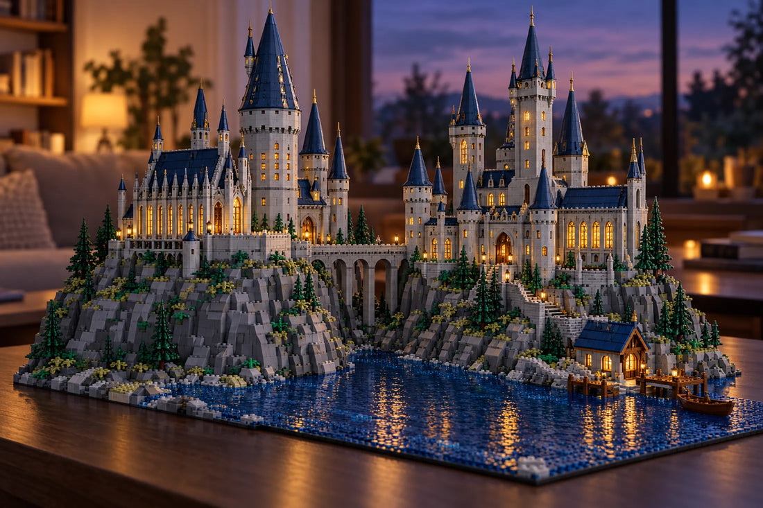 Groot kasteel van LEGO® stenen met torens en verlichte ramen op een rots boven een meer, in de schemering