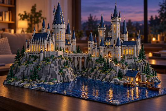 Groot kasteel van LEGO® stenen met torens en verlichte ramen op een rots boven een meer, in de schemering