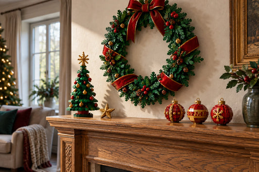 Sfeerillustratie van een kerstkrans, kerstboom en rode ornamenten van bouwstenen op een houten schouw