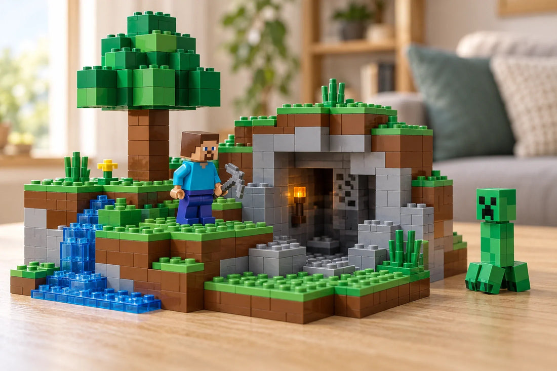 Minecraft-bouwwereld van LEGO-stenen met Steve, een boom en een grot
