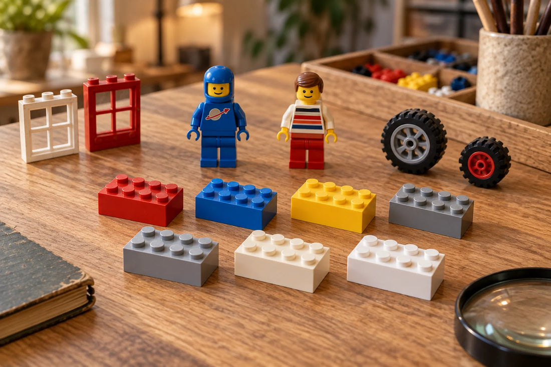 Illustratie van klassieke LEGO® stenen, twee minifiguren en een vergrootglas op een houten sorteertafel