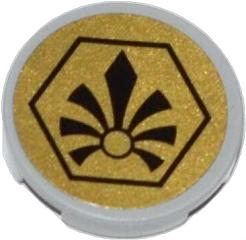 Part 14769pb007 - Tile, Round 2 x 2 with Bottom Stud Holder with Black Chima Logo in Hexagon on Gold Background Pattern (Sticker) - Set 70123 - De BrickPlaats