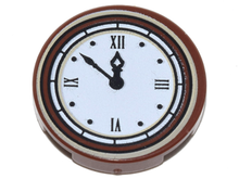 Part 14769pb133 - Tile, Round 2 x 2 with Bottom Stud Holder with Clock with Roman Numerals Simple Pattern - De BrickPlaats
