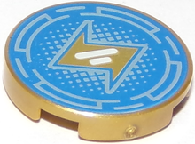 Part 14769pb220 - Tile, Round 2 x 2 with Bottom Stud Holder with Gold Lightning Bolt and Metallic Light Blue Broken Circles and Dots on Blue Background Pattern - De BrickPlaats
