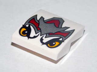 Part 15068pb001 - Slope, Curved 2 x 2 x 2/3 with Dark Red and Silver Armor, Bright Light Orange Eyes (Wolf Legend Beast) Pattern - De BrickPlaats