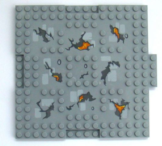 Part 15623pb003 - Brick, Modified 16 x 16 x 2/3 with 1 x 4 Indentations and 1 x 4 Plate with Cracks and Lava Pattern - De BrickPlaats