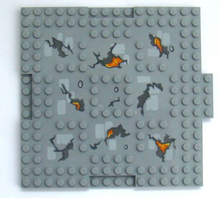 Part 15623pb003 - Brick, Modified 16 x 16 x 2/3 with 1 x 4 Indentations and 1 x 4 Plate with Cracks and Lava Pattern - De BrickPlaats