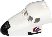 Part 18907pb03 - Aircraft Fuselage Forward Top Curved 6 x 10 x 4 with 5 Window Panes with Shuttle Nose Pattern and Space Logo on Transparent Background on Both Sides (Stickers) - Set 60078 - De BrickPlaats