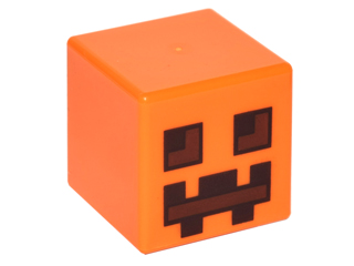 Part 19729pb001 - Minifigure, Head, Modified Cube with Pixelated Dark Brown and Reddish Brown Eyes and Mouth Pattern (Minecraft Pumpkin Jack O' Lantern / Snow Golem) - De BrickPlaats