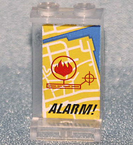 Part 2362apb21 - Panel 1 x 2 x 3 - Solid Studs with City Map with Flame and 'ALARM!' Pattern (Sticker) - Set 7240 - De BrickPlaats
