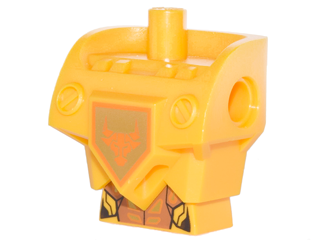 Part 23763c01pb02 - Torso, Modified Oversized with Armor with Pin Holes with Orange and Gold Circuitry and Orange Bull Head on Gold Pentagonal Shield Pattern - De BrickPlaats