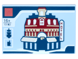 Part 26603pb001 - Tile 2 x 3 with Cafe Corner LEGO Set Box '16+' '10182' and 'HOTEL' Pattern - De BrickPlaats