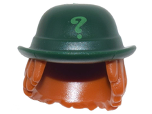 Part 27160pb01 - Minifigure, Hair Combo, Hat with Hair, Bowler Hat with Bright Green Question Mark and Dark Orange Wavy Shoulder Length Hair Pattern - De BrickPlaats