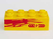 Part 3001pb104L - Brick 2 x 4 with Light Purple Flames and 'NITRO' on Yellow Background Pattern Model Left Side (Sticker) - Set 8666 - De BrickPlaats