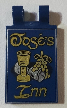 Part 30350bpb107 - Tile, Modified 2 x 3 with 2 Clips with Wine Goblets, Grapes and 'José's Inn' Pattern - De BrickPlaats