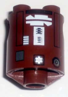 Part 30361cpb008 - Brick, Round 2 x 2 x 2 Robot Body with Bottom Axle Holder (x Shape / + Orientation) with Black Rectangle Outlines and White Pattern (SW R7-D4) - De BrickPlaats