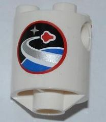 Part 30361pb016 - Brick, Round 2 x 2 x 2 Robot Body with Space Center Logo Pattern on Both Sides (Stickers) - Set 3366 - De BrickPlaats