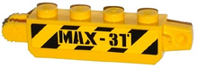 Part 30387pb010 - Hinge Brick 1 x 4 Locking, 9 Teeth with Black and Yellow Danger Stripes and 'MAX-3T' Pattern on Both Sides (Stickers) - Set 60035 - De BrickPlaats
