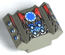 Part 30601pb04 - Brick, Modified 2 x 2 No Studs, Sloped with Angled Side Block Extensions with Red Flames and Blue Saw Blade on White Circle Pattern - De BrickPlaats