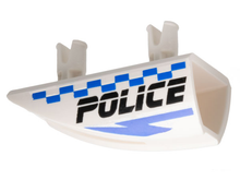 Part 30647pb01 - Vehicle, Fairing 1 x 4 Side Flaring Intake with 2 Pins with Black 'POLICE', Blue Lightning Bolt, and Checkered Pattern Model Left Side - De BrickPlaats