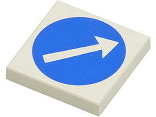Part 3068p50 - Tile 2 x 2 with White Arrow in Blue Circle Pattern - De BrickPlaats