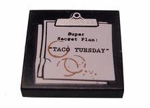 Part 3068pb0826 - Tile 2 x 2 with Clipboard with 'Super Secret Plan: "TACO TUESDAY"' and Coffee Stains Pattern - De BrickPlaats
