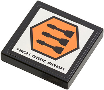 Part 3068pb0848 - Tile 2 x 2 with 'HIGH RISK AREA' and Orange Hexagon with Black Border and 3 Missiles Pattern (Sticker) - Set 7690 - De BrickPlaats