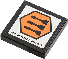 Part 3068pb0848 - Tile 2 x 2 with 'HIGH RISK AREA' and Orange Hexagon with Black Border and 3 Missiles Pattern (Sticker) - Set 7690 - De BrickPlaats