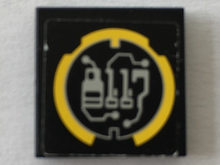 Part 3068pb1333 - Tile 2 x 2 with Yellow Circle and Stylized Silver '8117' Circuitry Pattern (Sticker) - Set 8117 - De BrickPlaats