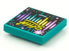 Part 3068pb1608 - Tile 2 x 2 with BeatBit Album Cover - Pink, Yellow, Dark Turquoise and Dark Purple Stripes, Lines and Dots Pattern - De BrickPlaats