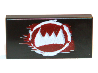 Part 3069pb0254 - Tile 1 x 2 with White Fangs and Dark Red Pattern - De BrickPlaats