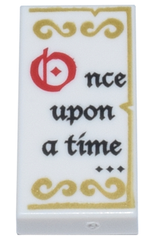 Part 3069pb0507 - Tile 1 x 2 with Black and Red 'Once upon a time...' and Gold Decorations Pattern - De BrickPlaats