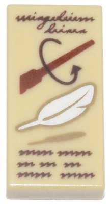 Part 3069pb0649 - Tile 1 x 2 with Reddish Brown 'Wingardium Leviosa' and Wand and White Feather Pattern - De BrickPlaats