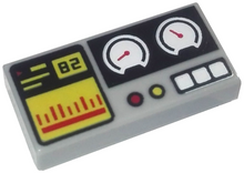 Part 3069pb0855 - Tile 1 x 2 with Black '82', Yellow and Red Bar Chart and Buttons, White Gauges Pattern - De BrickPlaats
