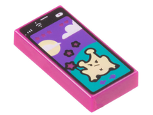 Part 3069pb1067 - Tile 1 x 2 with Cell Phone / Smartphone with Game with Bright Light Yellow Alien on Dark Turquoise Hill, Sun, Clouds, and Dark Purple Sky Pattern - De BrickPlaats