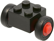 Part 3137c01assy1 - Brick, Modified 2 x 2 with Red Wheels for Single Tire with Black Tires 14mm D. x 4mm Smooth Small Single (3137c01 / 3139) - De BrickPlaats