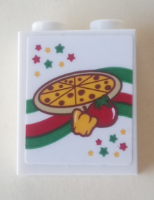 Part 3245cpb125 - Brick 1 x 2 x 2 with Inside Stud Holder with Stars, Pizza, Pepper and Tomato Pattern (Sticker) - Set 41311 - De BrickPlaats