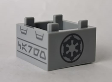 Part 35700pb05 - Container, Box 2 x 2 x 1 - Top Opening with Flat Inner Bottom with Dark Bluish Gray SW Imperial Logo and Aurebesh Characters 'CARGO' Pattern - De BrickPlaats