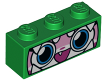 Part 3622pb078 - Brick 1 x 3 with Cat Face Wide Eyes, Smiling Open Mouth with One Tooth, Green Dinosaur Mask with White Teeth Pattern (Dinosaur Unikitty) - De BrickPlaats