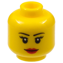 Part 3626pb0629 - Minifigure, Head Female Black Thin Eyebrows, Eyelashes, Red Lips, Grin Pattern - De BrickPlaats