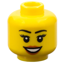 Part 3626pb0633 - Minifigure, Head Female Black Eyebrows and Eyelashes, Medium Nougat Lips, and Open Mouth Smile with Teeth Pattern - De BrickPlaats