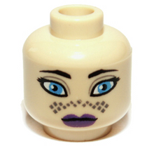 Part 3626pb0672 - Minifigure, Head Female Black Eyebrows, Large Dark Azure Eyes, Dark Purple Lips, Dark Tan Markings, Neutral Pattern - De BrickPlaats