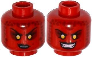 Part 3626pb1505 - Minifigure, Head Dual Sided Alien Female Black Eyebrows, Yellow Sunken Eyes, Black Lips, Dark Red Spots, Smirk / Bared Teeth Pattern - De BrickPlaats