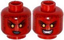 Part 3626pb1505 - Minifigure, Head Dual Sided Alien Female Black Eyebrows, Yellow Sunken Eyes, Black Lips, Dark Red Spots, Smirk / Bared Teeth Pattern - De BrickPlaats