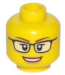 Part 3626pb1567 - Minifigure, Head Female Black Glasses with White Lenses, Reddish Brown Eyebrows, Nougat Lips, and Open Mouth Smile with Teeth Pattern - De BrickPlaats