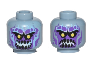Part 3626pb1834 - Minifigure, Head Dual Sided Alien with Yellow Eyes, Dark Purple Rock Teeth, Smile / Angry Pattern - De BrickPlaats
