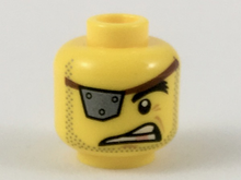 Part 3626pb2269 - Minifigure, Head Male Silver Eye Patch with Rivets, Raised Eyebrow, Copper Tooth, Stubble Pattern (MetalBeard) - Hollow Stud - De BrickPlaats