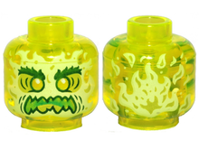 Part 3626pb2449 - Minifigure, Head Alien Ghost with Yellowish Green Face, Bushy Eyebrows, Angry and Flames in Back Pattern - Hollow Stud - De BrickPlaats