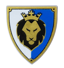 Part 3846pb036 - Minifigure, Shield Triangular with Black and Gold Lion Head with Crown on Blue and White Background Pattern - De BrickPlaats